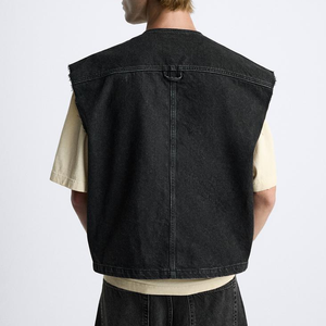 OEM Custom Wholesale Mens <b>Black</b> Washed Denim Utility <b>Vest</b> Raw Edge V Neck Multi Cargo Pocket Sleeveless Streetwear Gilet - Product Image 2
