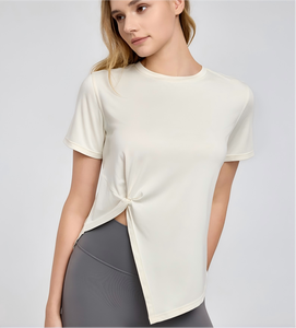 Camiseta de yoga para mujer al por mayor con nudo lateral, dobladillo asimétrico, manga corta, de secado rápido, transpirable, ropa deportiva OEM ODM - Product Image 4