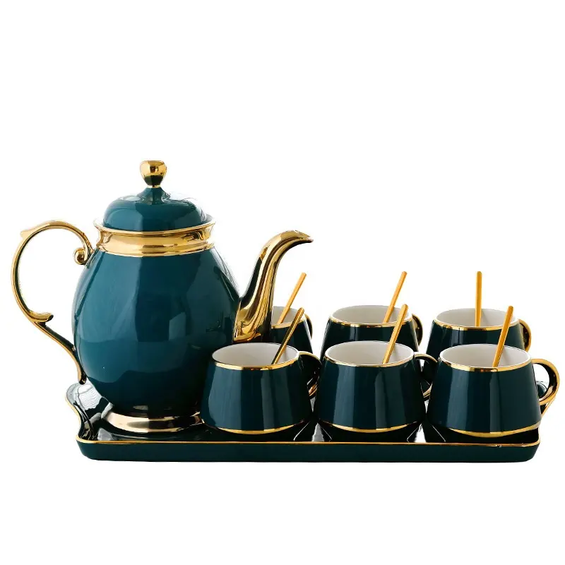 Scandinavische Stijl Gouden Velg Keramische Porselein Luxe Thee Cup Set Met Handvat Britse Thee Pot Set Keramische Koffie & Thee sets