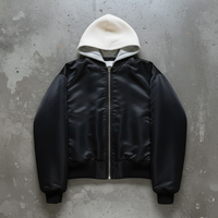 Blouson Bomber à Capuche en Polyester à Double Couche avec Motif Gaufré Noir et Blanc, Impression DTG Personnalisée au Dos, Blouson Bomber Varsity