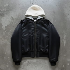 جاكيت بومبر بقلنسوة بتصميم أسود وأبيض مزدوج الطبقات مع طباعة مخصصة على الظهر من البوليستر - Product Image 1