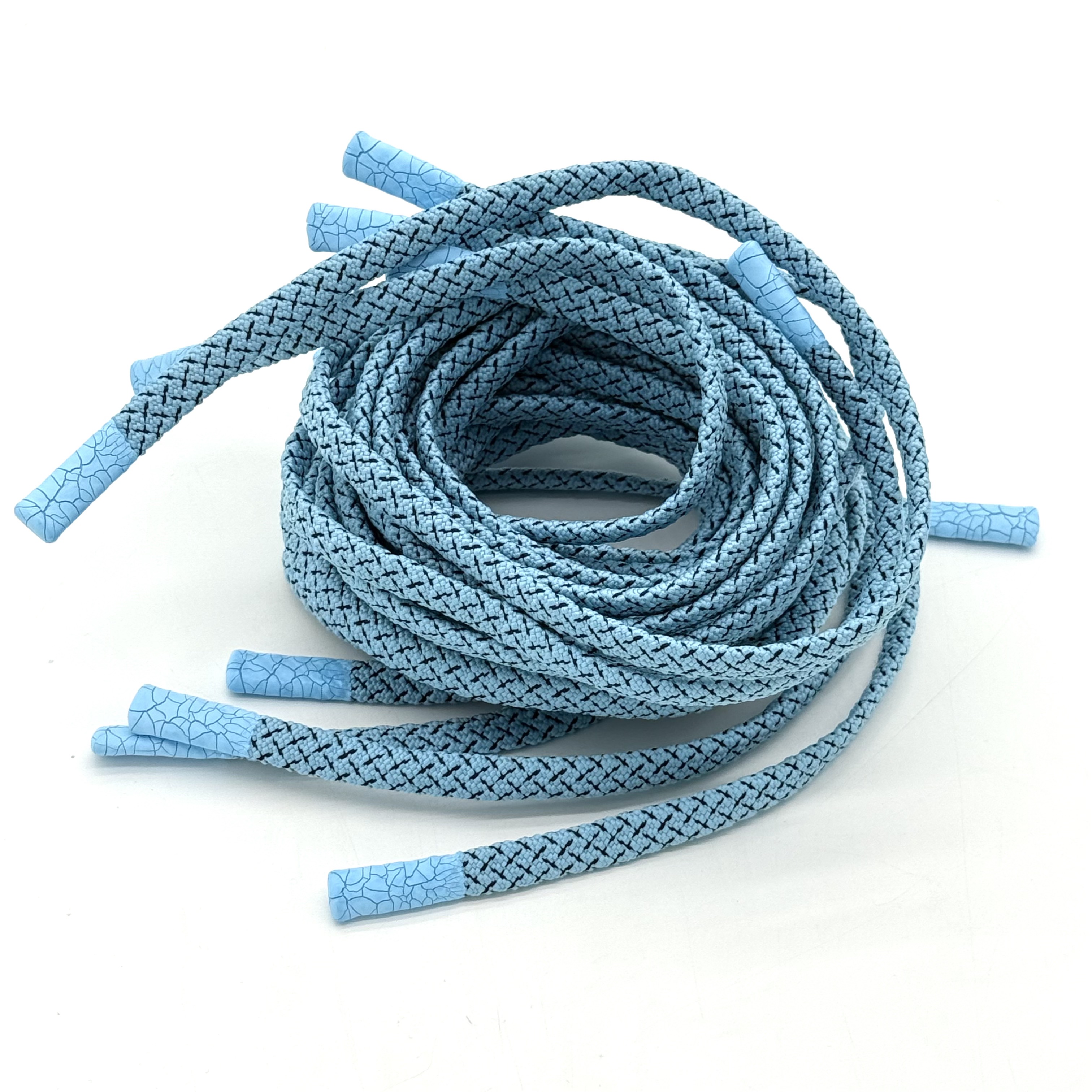 High-quality and Durable Light Blue Polyester Fiber Drawcord with Cracked Rubber Stopper Process