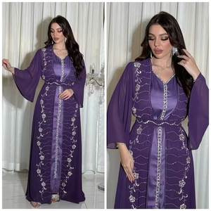 Abaya élégante pour femme, robe musulmane ornée de strass, manches longues, en mousseline, avec grand ourlet évasé et ceinture, vêtement islamique - Product Image 2