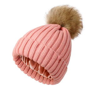Custom Label Silk Satin Lined Lining Inside Ribbed Embroidered Knitted <strong>Beanie</strong> Hat With <strong>Pom</strong> <strong>Pom</strong> Winter Knitted Hats <strong>Beanie</strong> Hat - Product Image 3