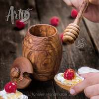 Pot à miel en bois d'olivier antique ArtisRaw avec cuillère sculptée à la main (Origine tunisienne) - Thème vintage, cadeau pour la fête des mères