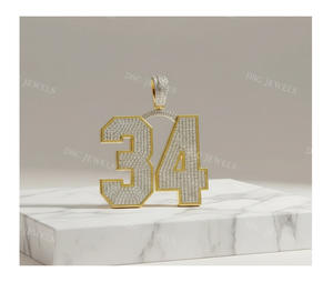 Pendentif et breloque unisexe en or jaune 14 carats plaqué or, avec moissanite ronde de 3,00 carats, style hip-hop, avec design personnalisé numéro 34 - Product Image 1