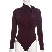 Nouvelle combinaison moulante sexy pour femme, couleur unie, col semi-montant, bretelles plissées, extensible, manches longues