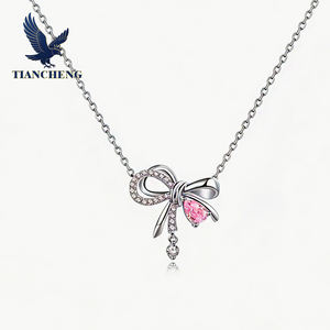 שרשרת תליון קשת ורודה לנשים שרשרת עצם הבריח נוצצת עם אבני חן - Product Image 2