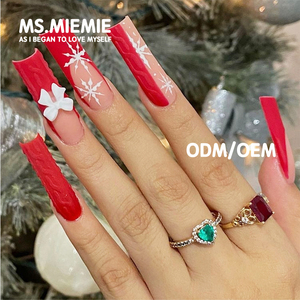 Ms.Miemie 24 Uñas Postizas <span class=keywords><strong>Extra</strong></span> Largas de Ataúd, ABS, Diseño Francés Blanco Suave y Rojo con Mariposas y Copos de Nieve, Reutilizables, Venta al por Mayor - Product Image 1