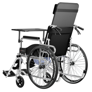 低価格フルリクライニング手動車椅子、取り外し可能なシートクッション、ベッドパンとブレーキ付きソリッドタイヤ、障害者用トレイ - Product Image 3