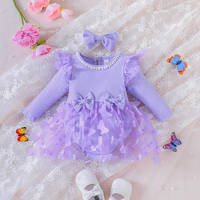Printemps et automne combinaison jupe en tulle et nœud accessoires de cheveux couleur unie barboteuse à manches longues papillon gaze robe pour les filles