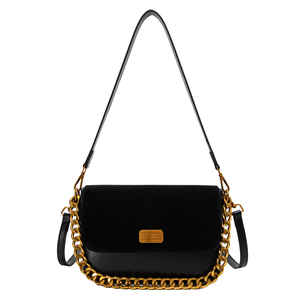 Bolso Bandolera Cruzado de Mujer <span class=keywords><strong>con</strong></span> Diseño Nuevo, Logotipo Personalizado, Alta Calidad, Terciopelo Negro, PU, <span class=keywords><strong>Cadena</strong></span> <span class=keywords><strong>Dorada</strong></span>, Etiqueta Metálica, Correa Ajustable - Product Image 1