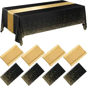 Black Plastic Table Runner Cover PP Disposable Table Cloth Gold Dots Party Decoration Eco Friendly Birthday Family Tablecloth