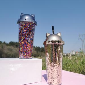 Tasse à paille à couvercle en plastique électrolytique double couche de style coréen créatif tasse à eau à paillettes pour les fêtes de randonnée hommes femmes étudiants - Product Image 5