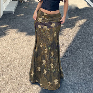 Jupe en maille à imprimé floral vintage Y2K pour femme, taille naturelle, écologique, respirante, coupe trompette/sirène, longueur cheville, été - Product Image 2