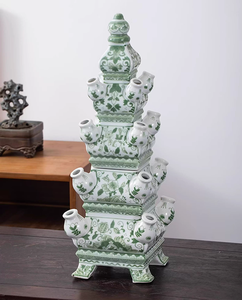 Traditionnel chinois <span class=keywords><strong>Art</strong></span> déco <span class=keywords><strong>porcelaine</strong></span> pagode tulipe Vase vert blanc décor à la maison Vase de table - Product Image 5