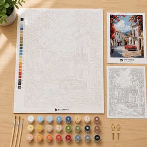 Kit Pittura a Numeri Personalizzato Città Mediterranea <span class=keywords><strong>Auto</strong></span> Rossa Vintage Scenografia Fai da Te Pittura Acrilica su Tela Stampata 40x50cm Paesaggio per Adulti - Product Image 4