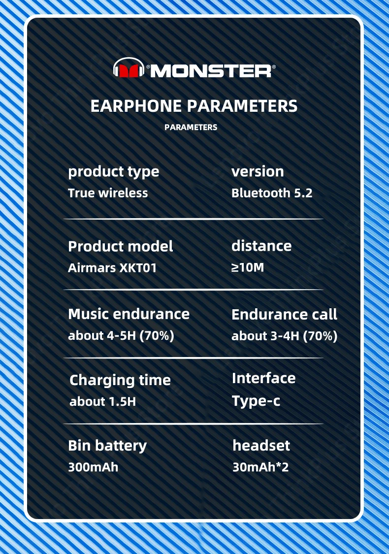 Monster Airmars XKT01 Wireless Blue tooth 5.2 Earphone TWS HiFi Music Wireless Headphones With Mic 300mAh Stereo in-Ear Earphone