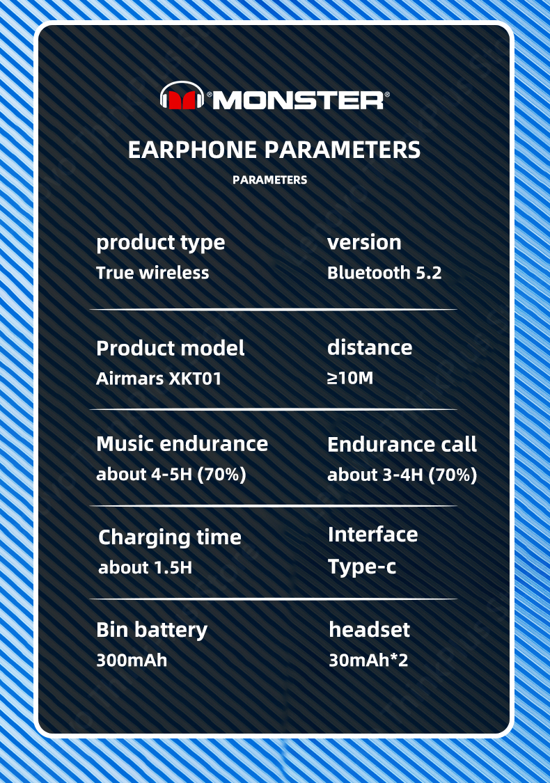 Monster Airmars XKT01 Wireless Blue tooth 5.2 Earphone TWS HiFi Music Wireless Headphones With Mic 300mAh Stereo in-Ear Earphone