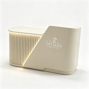 Modern Curved LED <b>Reception</b> <b>Desk</b> Custom Logo Beauty <b>Salon</b> Front Counter Cream White Ribbed Design Spa Hair <b>Salon</b> <b>Reception</b> Table - Product Image 2
