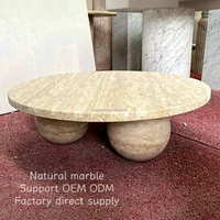 Table basse moderne en travertin naturel Wabi Sabi, disponible en OEM, table à thé ronde en pierre, trois pieds sphériques, mobilier de luxe pour la maison