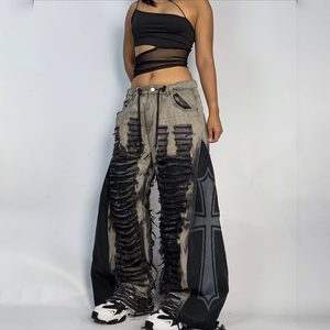 DiZNEW 2025, fabricante de hombres, <span class=keywords><strong>pantalones</strong></span> vaqueros, corte de retazos, pierna ancha, efecto rasgado, ropa de calle, estilo Hip-Hop, MOQ bajo, muestra rápida - Product Image 3