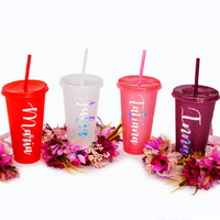 Gobelets de fête tasse en plastique réutilisable avec couvercle coloré paille dans les mêmes couleurs PP tasses d'eau de couleur unie tasse à boire à paroi unique