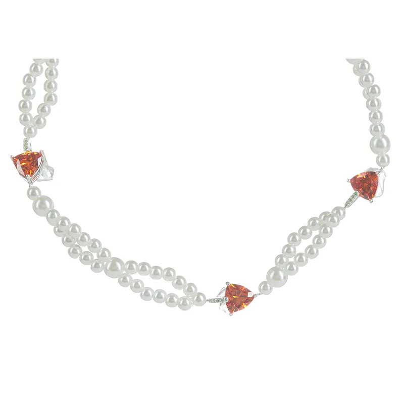 Orange Zircon Necklace Pearl Original Choker Design Short Chain Fine Jewelry Jewellery for Women Gift 14K Gold Plated Copper