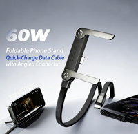 Câble de chargeur invisible avec support, câble plat USB C vers USB C 60W, câble de charge rapide multifonctionnel pour le jeu et le bureau