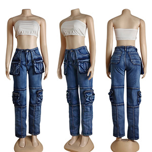Jeans de haute qualité pour femmes 2026, jeans en denim taille haute, jambes larges, jeans cargo longs pour femmes et filles - Product Image 1