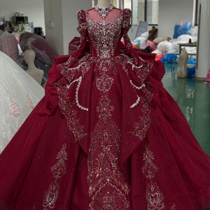XS272 Robes de Soirée et de Bal Élégantes Bordeaux à Col Montant, Dentelle, Appliques de Perles de Cristal, Traîne Chapelle, Longueur Ras du Sol, Coupe Empire, pour Quinceañera - Product Image 1