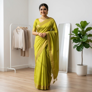 Sari de Seda Premium Verde Lima Mangal Giri para Invierno y Verano, Elegante, Hecho a Mano, Tradicional, para Fiestas y Celebraciones, de Secado Rápido - Product Image 4