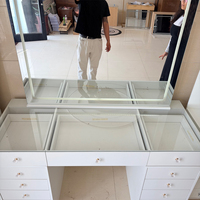 Table de maquillage rose avec miroir LED, meuble de rangement latéral, plateau en verre et tiroirs – Vente en gros OEM