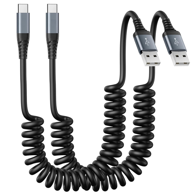 Coiled USB Type C Charger Cable 3A 66W USB a to Type-C Fast Charging Spring Cable PD Retractable Cord for iPhone 16 15 Samsung