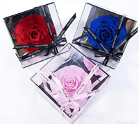 Rose éternelle géante en gros, 1 tête, avec base miroir, boîte carrée en acrylique, arrangement floral au toucher réel, Saint-Valentin, remise des diplômes