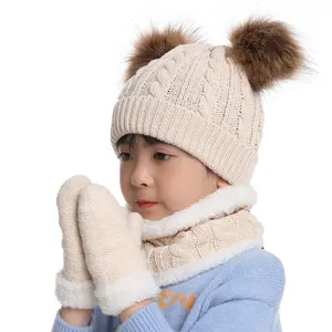 Wholesale Warm knitted cap Faux Fur Pom Pom Ball Hats Scarves 2Pcs warm, thermal custom children's winter beanie hats scarf s