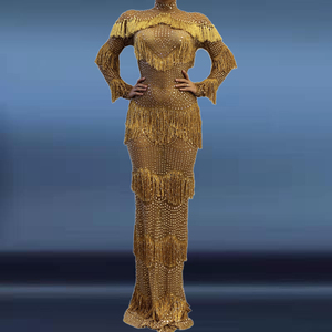 Abito da donna 2020 Elegante abbigliamento da donna diamante nappa collo alto Abito dorato donna festa nuda come Abito Lungo Elegante Curvy - Product Image 1