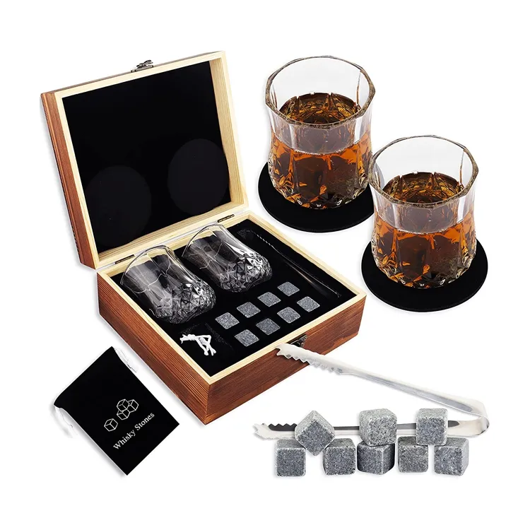 Diy Whiskey Stones and Whiskey Glass Gift Boxed Set - 8 Granite Chilling Whisky Rocks + 2 Large 7 oz Crystal Glasses in Wooden Box