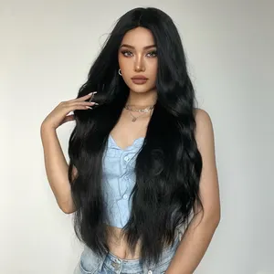 Black Long Wavy Wig Hair for Women Middle Part With No Bangs Dark 28 inches Long Dark Hair Wig Synthetic Mature Natural Looking