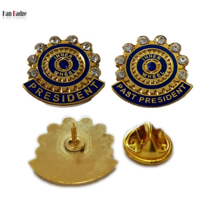 Custom Inner Wheel Pin With Diamond Stones Brass Hard Enamel Badges 24K Gold Plating