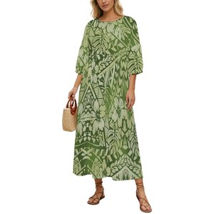 Robe longue décontractée ample à col rond et manches bouffantes pour <span class=keywords><strong>femme</strong></span>, imprimé <span class=keywords><strong>tatouage</strong></span> tribal polynésien <span class=keywords><strong>rose</strong></span> et blanc, collection en promotion - Product Image 4