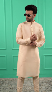 Ensemble Kurta Pyjama en Soie Dupion Doré Clair pour Homme, Coupe Classique, Tenue Traditionnelle Ethnique pour Mariages et Fêtes - Product Image 6
