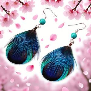 Qualità moda turchese 925 sterling silver gancio pavone frangia reale blu piuma ciondola gioielli orecchino di goccia - Product Image 3