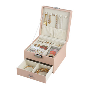 Boîte de rangement à bijoux à double couche en PU de grande capacité avec fermeture à clé - Product Image 1