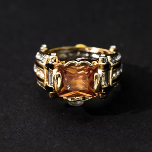 ZhuQian Großhandel Legierung Vergoldete Zweifarbige Elite-Temperament Herrenringe Party Klassisch Punk <span class=keywords><strong>Retro</strong></span> Quadratisch Schwarzer Zirkon Schmuck - Product Image 6
