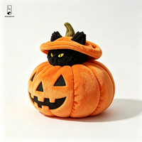 Peluche de chat noir en polyester avec visage brodé en forme de citrouille, jouet décoratif d'Halloween en 3D