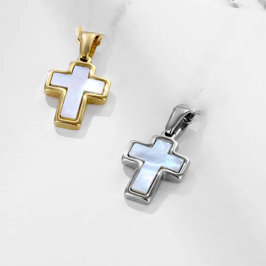 Stainless Steel Natural White Cross Shape Faith Religion Carved Mother of Pearl Shell Pendants Necklace Jewelry Making