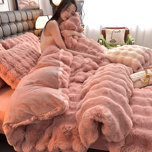 2025 Wholesale Hot Selling Mink Velvet 4-piece Set Faux Rabbit Velvet Bedding Set Thicken Blanket <strong>Fluffy</strong> Plush Warm <strong>Duvet</strong> <strong>Cover</strong> - Product Image 6