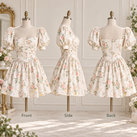 Mini-robe personnalisée pour femme, légère, en tissu tissé à imprimé floral, avec corsage froncé, manches bouffantes et jupe froncée coupe trapèze
