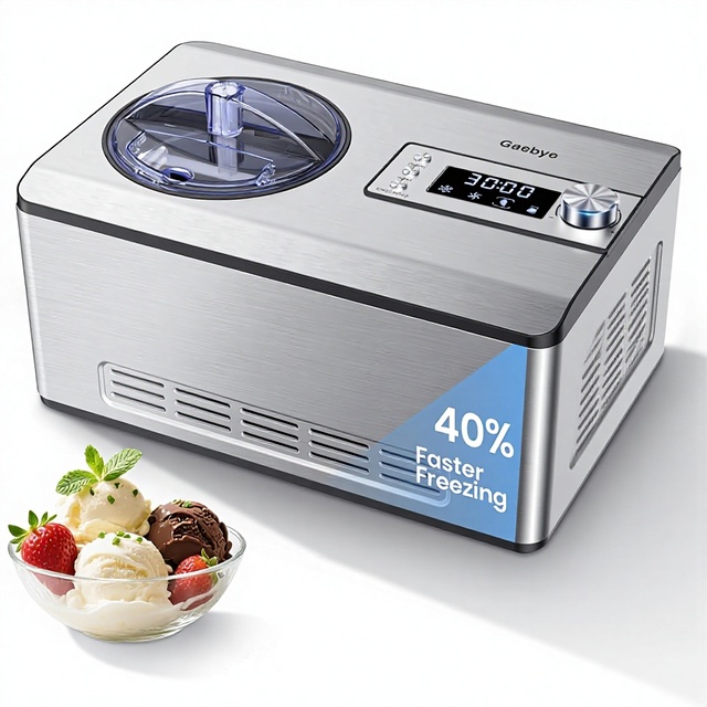 Ice Cream Maker Upgraded Compressor 40% Faster Freezing LED Display 2.1 Qt Capacity Stainless Steel Automatic Ice Cream